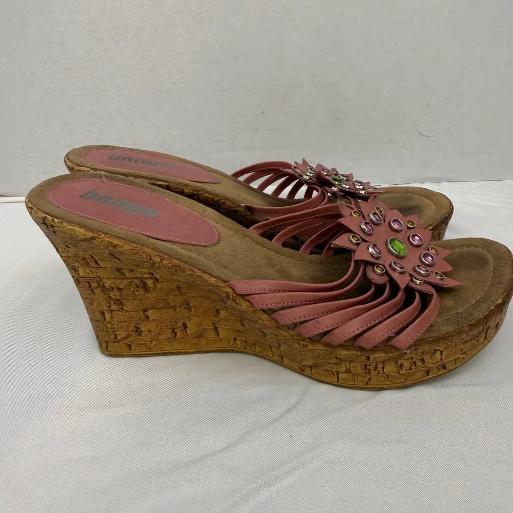 Bongo Vintage Pink Floral Rhinestone Wedge Sandals Y2K Cork Platform Slides
